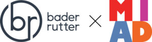Bader Rutter and MIAD partnership logo featuring the BR monogram in gray and MIAD in bold, colorful block letters.